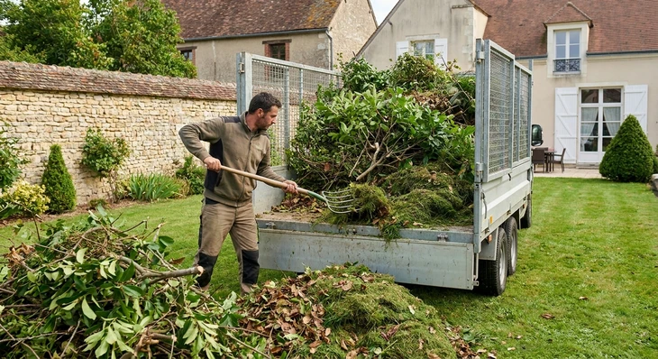 Scène extérieure d'entretien d'espaces verts avec opérateur sur tondeuse autoportée professionnelle orange effectuant la tonte d'une pelouse bien entretenue